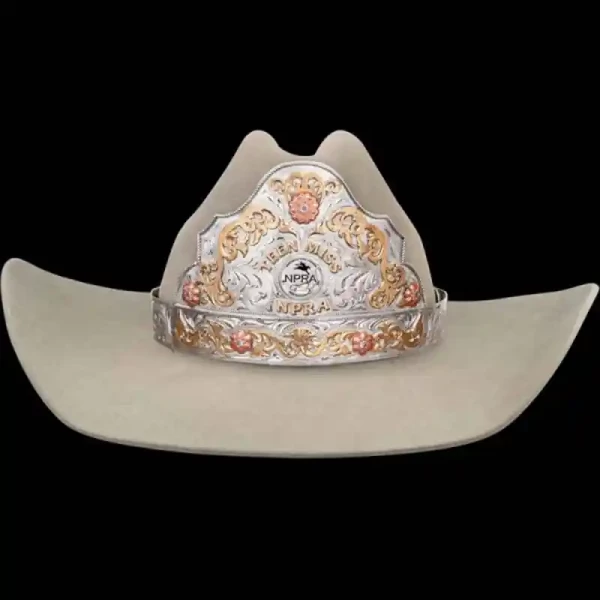 A custom queen crown with personalized bronze lettering and logo or ramch brand on the tiaram with a strap for cowgirl hats 