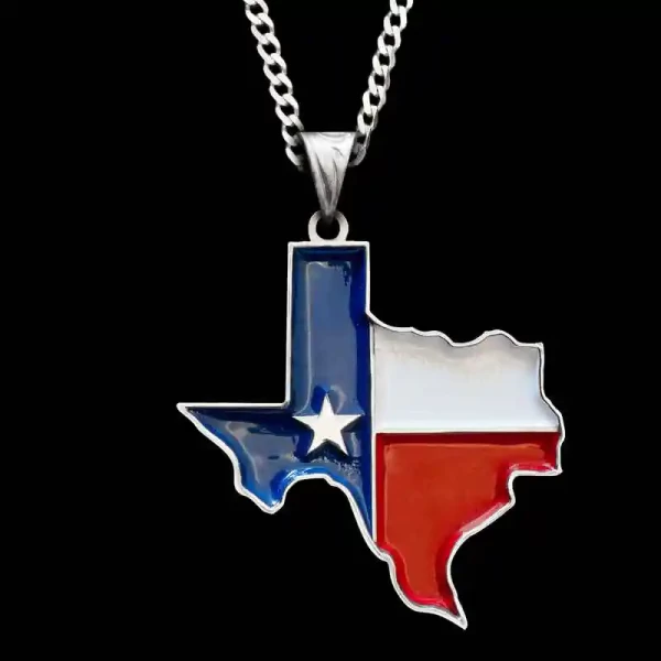 A custom pendant necklace featuring the shape of Texas State, with a sterling silver chain 