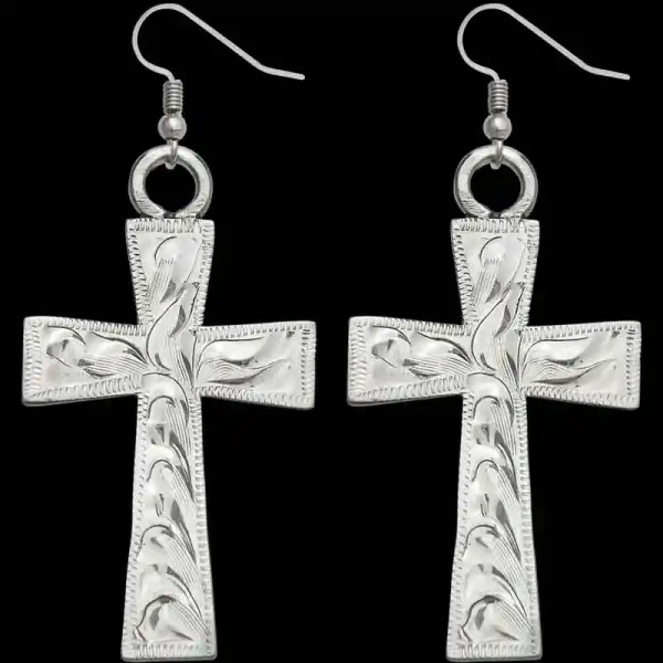 A pair of silver cross western earrings for women, hand engraved 