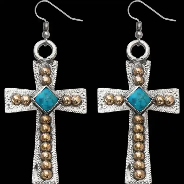A pair of silver cross western earrings for women featuring bronze beads and turquoise stones 