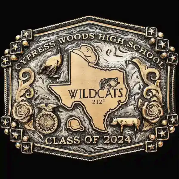 A custom graduation western belt buckle for Cypress Woods High School graduate featuring  Texas State, FFA, cap, turkey and pig figures