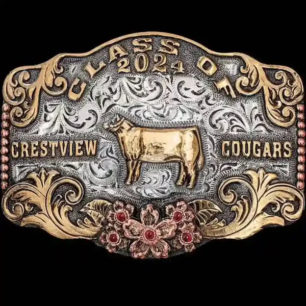 A custom square graduation belt buckle for Crestview Cougars featuring a cow figure