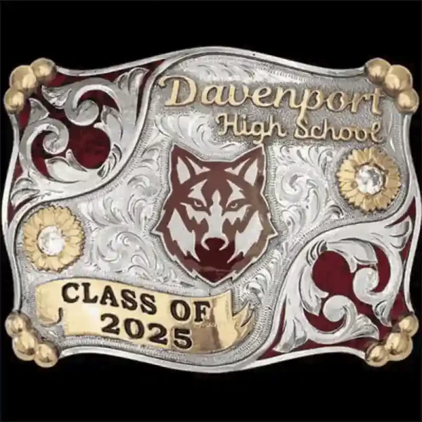 A custom graduation belt buckle for Davenport High School  graduate featuring a wolf figure and a crushed turquoise frame