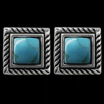 Add a touch of elegance with our Turquoise Jade Earrings, crafted from German Silver, featuring a vibrant square-cut turquoise stone with solid and rope edging.