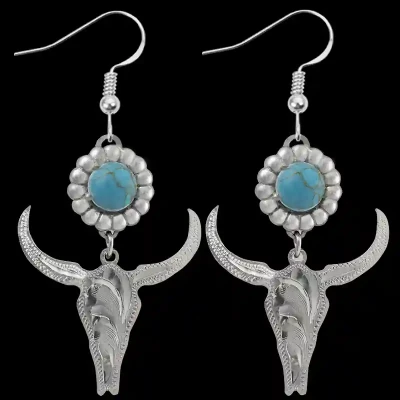 Turn heads with our Silver Bluebell Earrings, crafted from German Silver with a turquoise center, berry-edge detail, and a longhorn drop for true western flair.