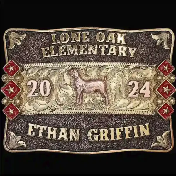 A custom kids belt buckle for Lone Oak Elementary featuring a personalized name and a lamb figure 