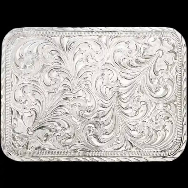 A custom square silver hand engraved belt buckle