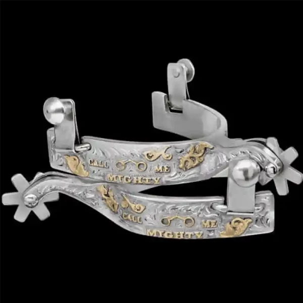 A custom pair of cowboy boot spurs with handmade details featuring personalized lettering and a western figure 