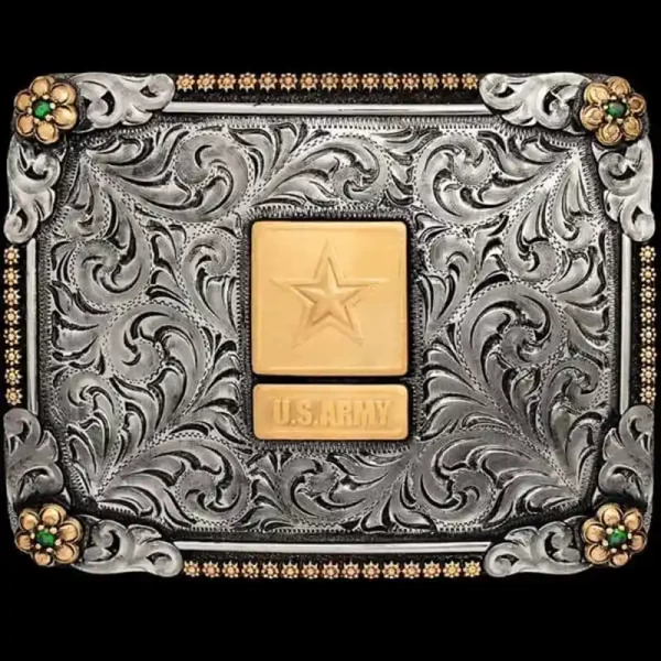 A square military belt buckle featuring a US Army logo 