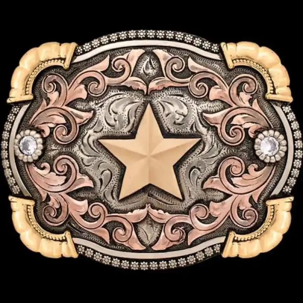 A western belt buckle for men featuring a gold star figure 