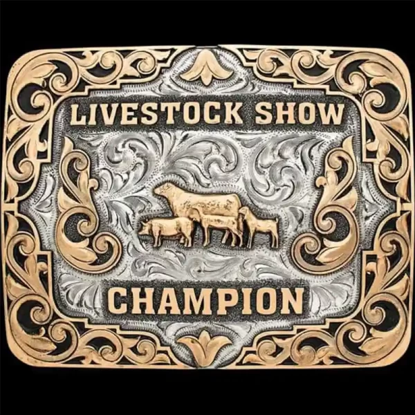 A custom livestock belt buckle trophy for Livestock Show Champion featuring a cow, pig, goat and lamb figures