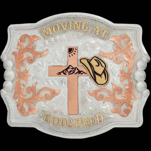 A custom cross belt buckle featuring a copper cross figure 