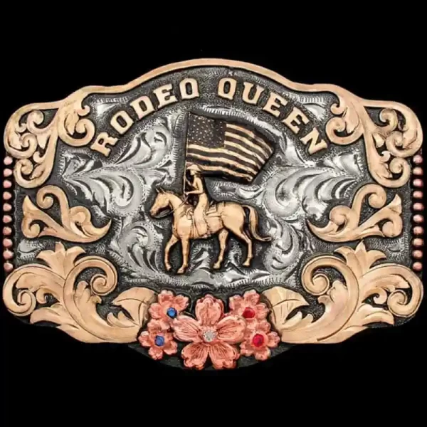 A custom rodeo queen belt buckle featuring a cowgirl with the american flag figure 