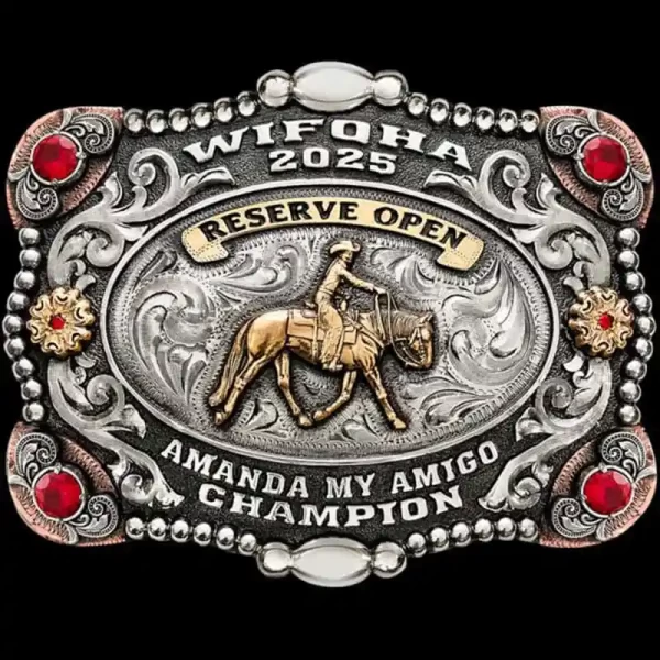 A custom western pleasure belt buckle for WIFQHA Reserve Open Champion featuring a cowgirl figure 