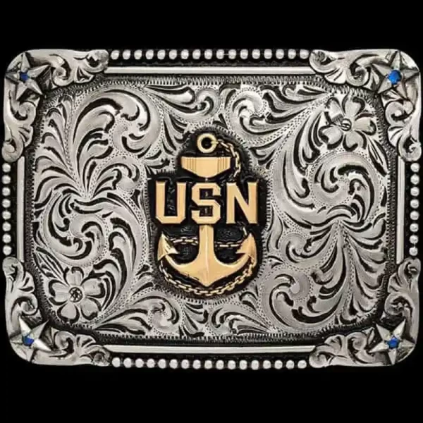 A navy belt buckle featuring the United States Navy emblem