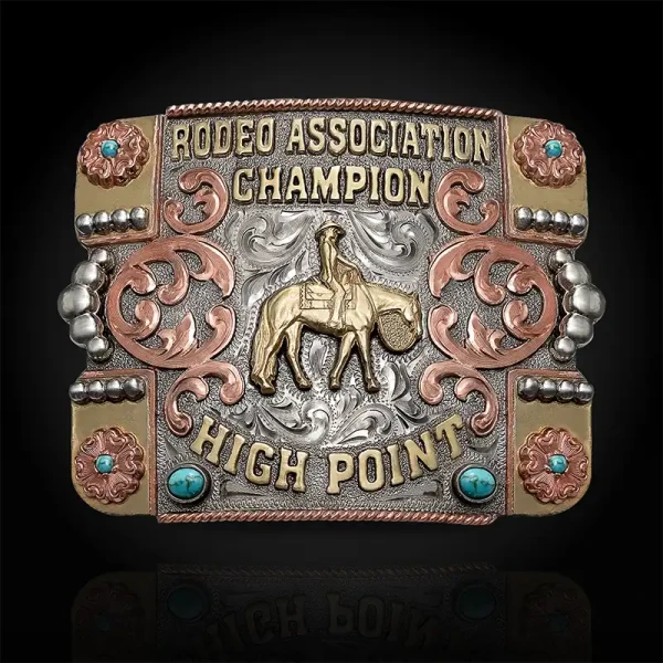 A custom square women's rodeo belt buckle award featuring a barrel racer cowgirl figure 