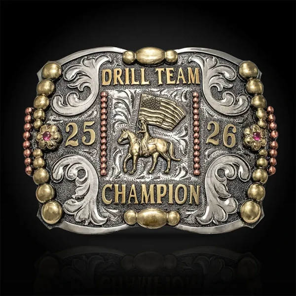 A custom oval ranch belt buckle for Friona Industries featuring its custom logo