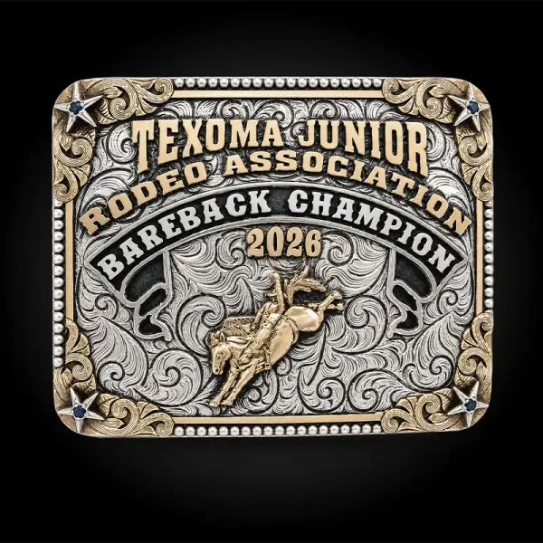 A custom square rodeo betl buckle trophy for Texoma Junior Rodeo Association Bareback Champion featuring a bronc rider figure 