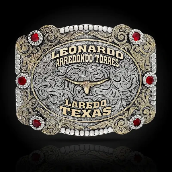 A custom square  belt buckle with name featuring a longhorn figure
