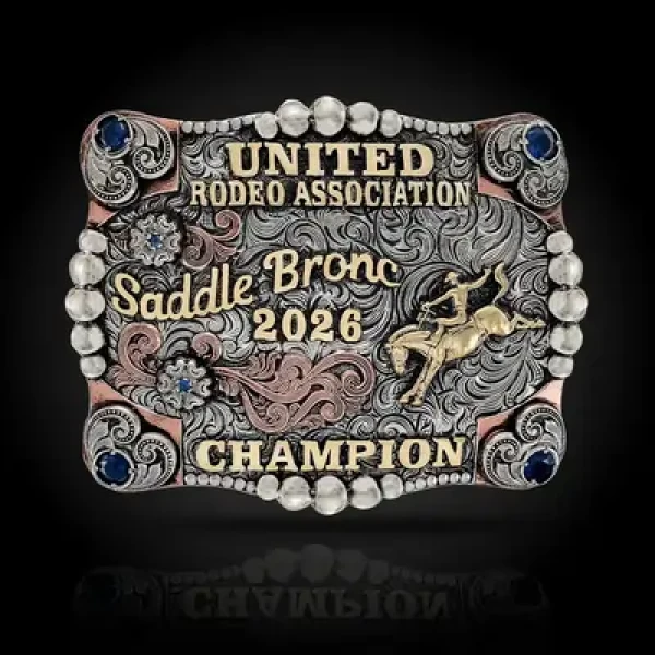 A custom square rodeo belt buckle trophy for USRA Saddle Bronc Champion featuring a bareback bronc rider figure 