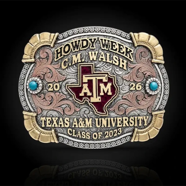 A custom graduation belt buckle featuring Texas A&amp;M University logo