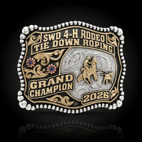 A custom rodeo belt buckle trophy for SWD 4H Rodeo Tie Down Grand Champion featuring a calf roping cowboy figure 