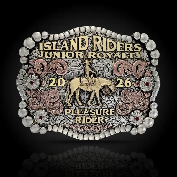 A custom western pleasure belt buckle for Island Riders Junior Royalty featuring a cowgirl figure and personalized name