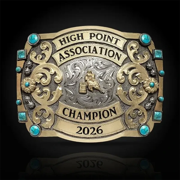 A custom trail riding belt buckle trophy for Jackson County Fair Champion featuring a cowgirl figure 
