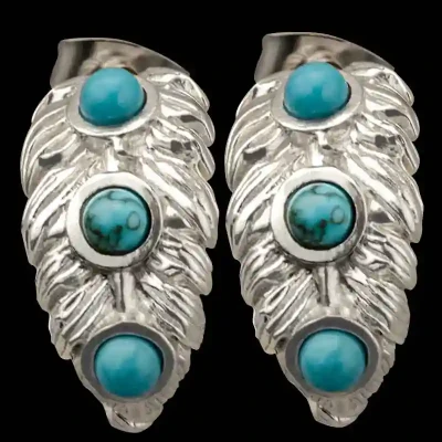 Shop Turquoise Trail Western Hoop Feather Earrings with engraved German Silver and vibrant turquoise stones. In stock, ready to ship next day!