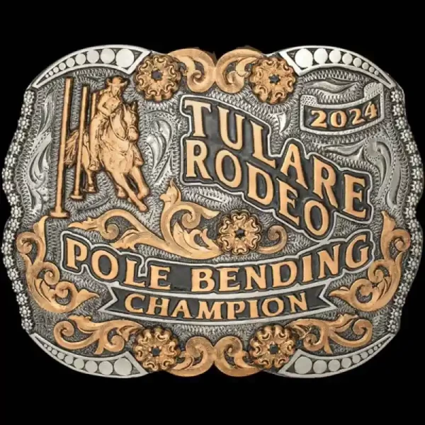 A custom rodeo belt buckle trophy for Tulare Rodeo Pole Bending Champion featuring a pole bender cowgirl figure
