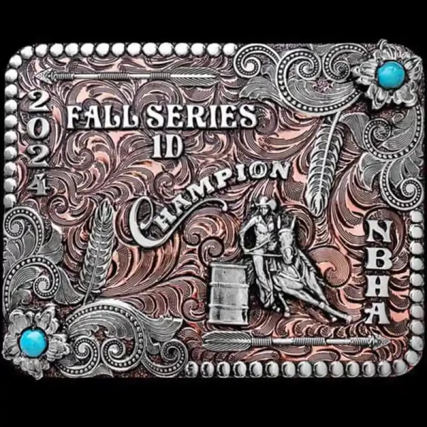 A custom square rodeo betl buckle trophy for NBHA Fall Series 1D Champion featuring a barrel racing cowgirl figure 