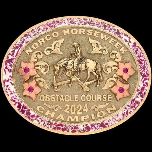 A custom turquoise belt buckle for women for Norco Horseweek Obstacle Couse Champion featuring a trail ridin cowgiril figure