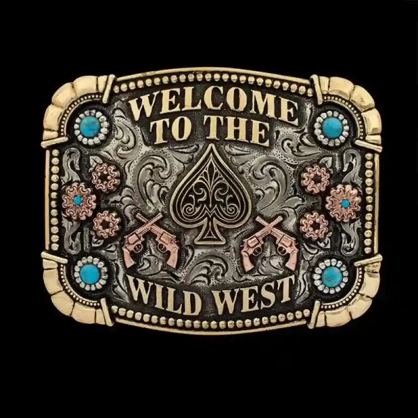 A custom western belt buckle for women featuring cross pistols figures and turquoise stones