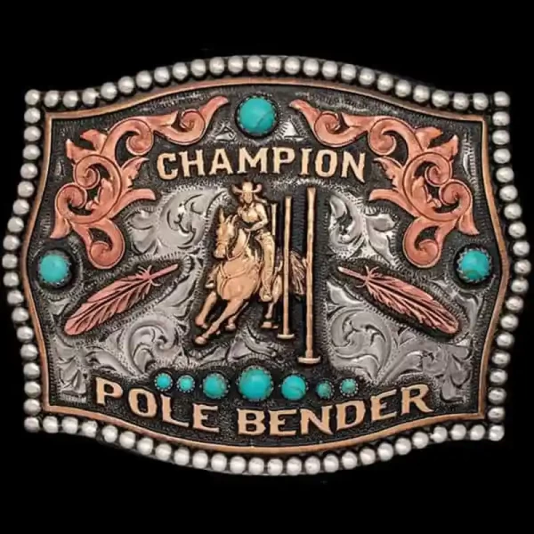 A custom women's rodeo belt buckle trophy featuring a pole bender cowgirl figure, feathers and turquoise stones