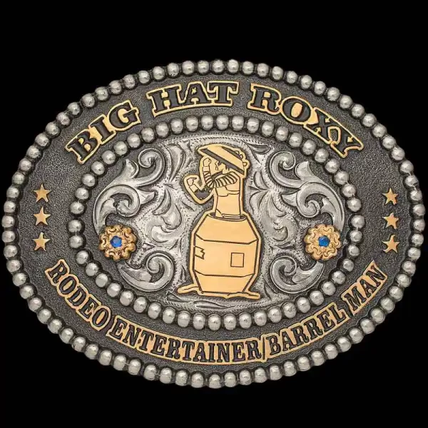 A custom oval rodeo clown belt buckle 