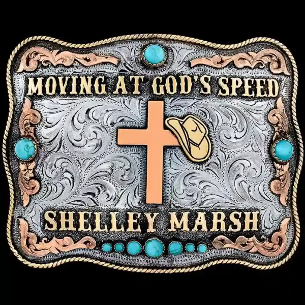 A custom women's cross belt buckle featuring a personalized quote and and name, and turquoise stones