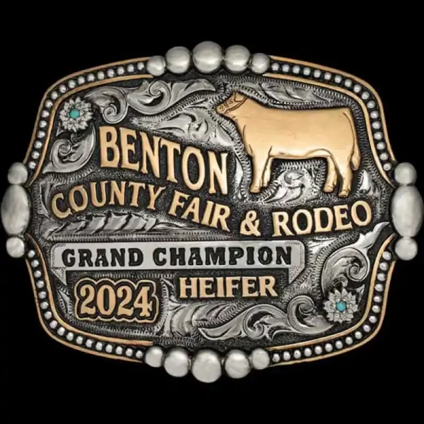 A custom square farming belt buckle trophy for Benton County Fair and Rodeo Champion featuring a heifer cow figure