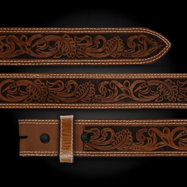 A brown full grain leather belt for men  featuring tooled vines 