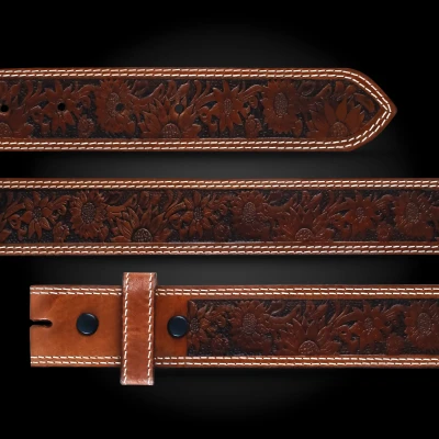 A brown full grain leather belt for women featuring tooled sunflower pattern 