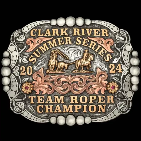A custom rodeo belt buckle trophy for Clark River Summer Series Team Roping Champion featuring a team roping figure 