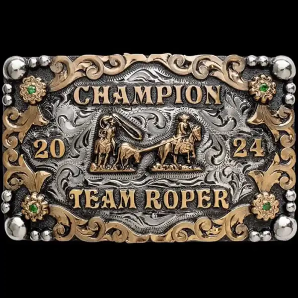 A custom box belt buckle for men for Team Roper Champion  featuring a team roping figure 