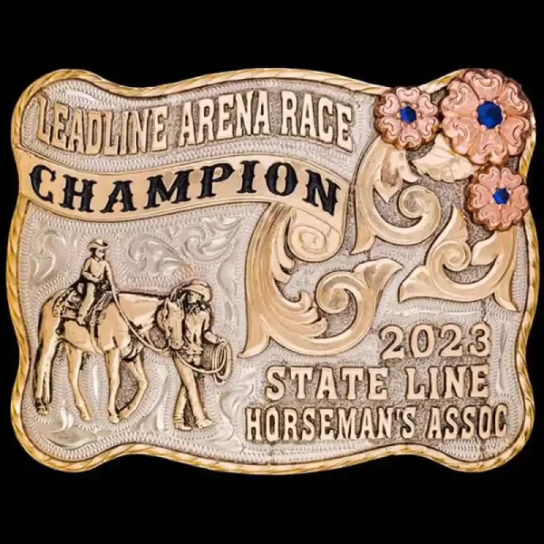 A custom rodeo belt buckle trophy for Leadline Arena Race Horseman's Association Champion featuring a leadline cowboy with a kid figure 