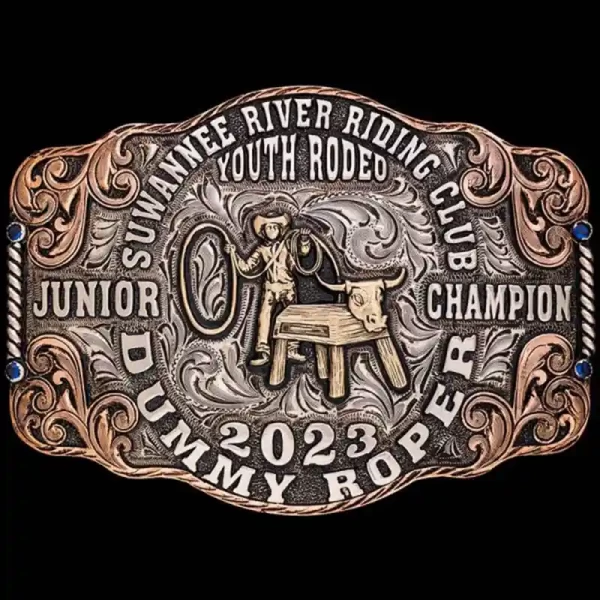 A custom square rodeo belt buckle trophy for the Youth Rodeo Dummy Roper Champion featuring a dummy roper kid figure