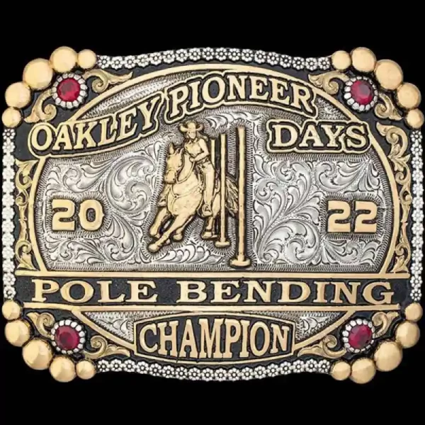 A custom rodeo belt buckle trophy for Oakley Pioneer Pole Bending Champion featuring a cowgirl figure