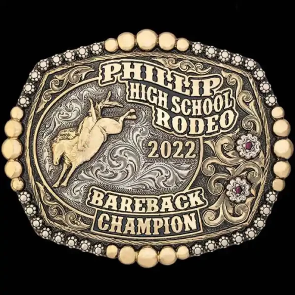 A custom rodeo belt buckle trophy for Phillip High School Rodeo Bareback Champion featuring a bareback rodeo figure 
