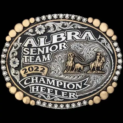 Weatherford custom western belt buckle crafted with engraved silver and classic western detailing.