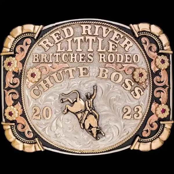 A custom rodeo belt buckle trophy  for Red River Little Britches Rodeo Chute Boss featuring a bull rider figure