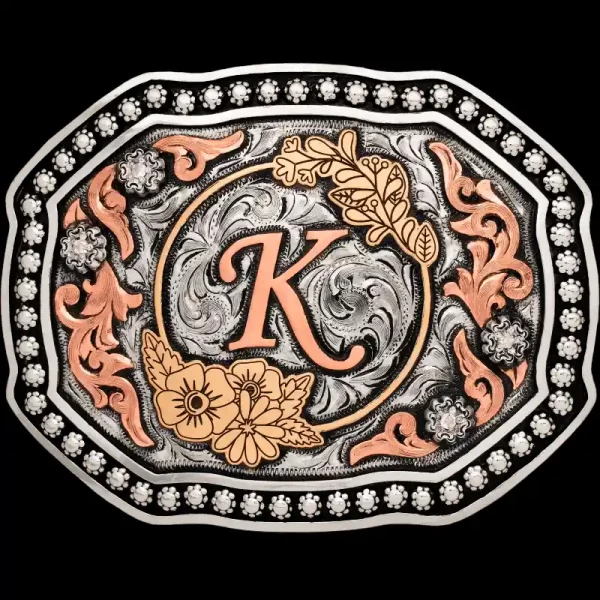 A custom western initials belt buckle for women featuring a big letter K 