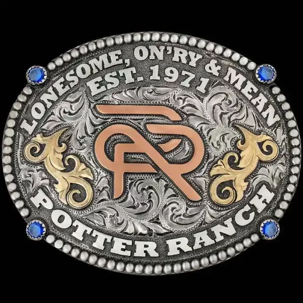 A custom oval ranch brand belt buckle for Potter Ranch