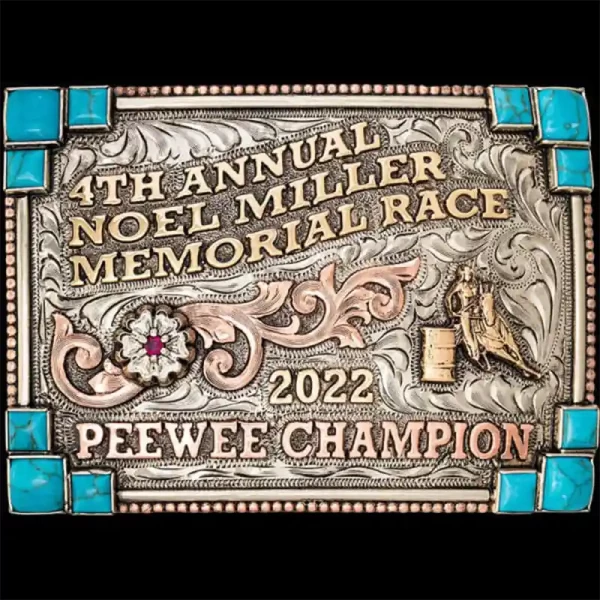 Square custom belt buckle with figure of rodeo barrel racing competition made in german silver and turquoise